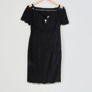 Vintage 80s 90s Black Lace Cocktail Dress Off Shoulder LBD Prom Party Small